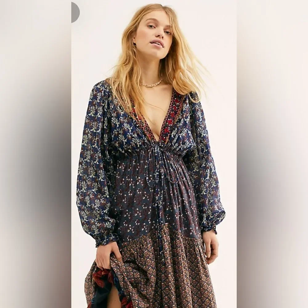 NEW FREE PEOPLE MIX IT UP MAXI TIERED MIXED PRINT MAXI DRESS
